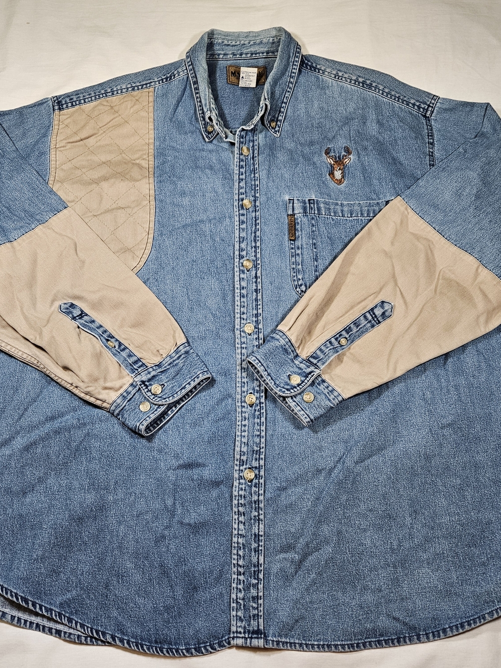 Magellan Denim Hunting Shooting Shirt Mens XXL Embroidered Deer Quilted Patch